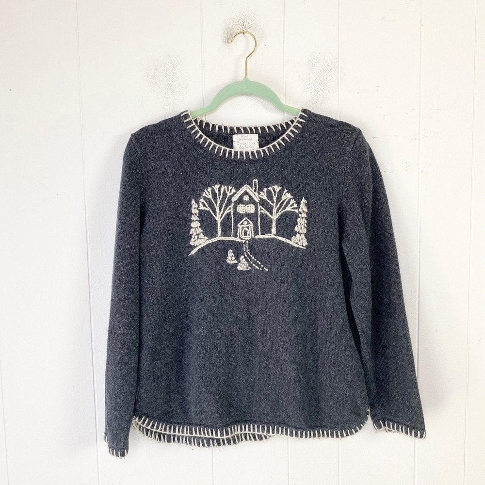 Christopher & Banks Vintage Hand Embroidered Cottage Sweater Gray Winter Large
